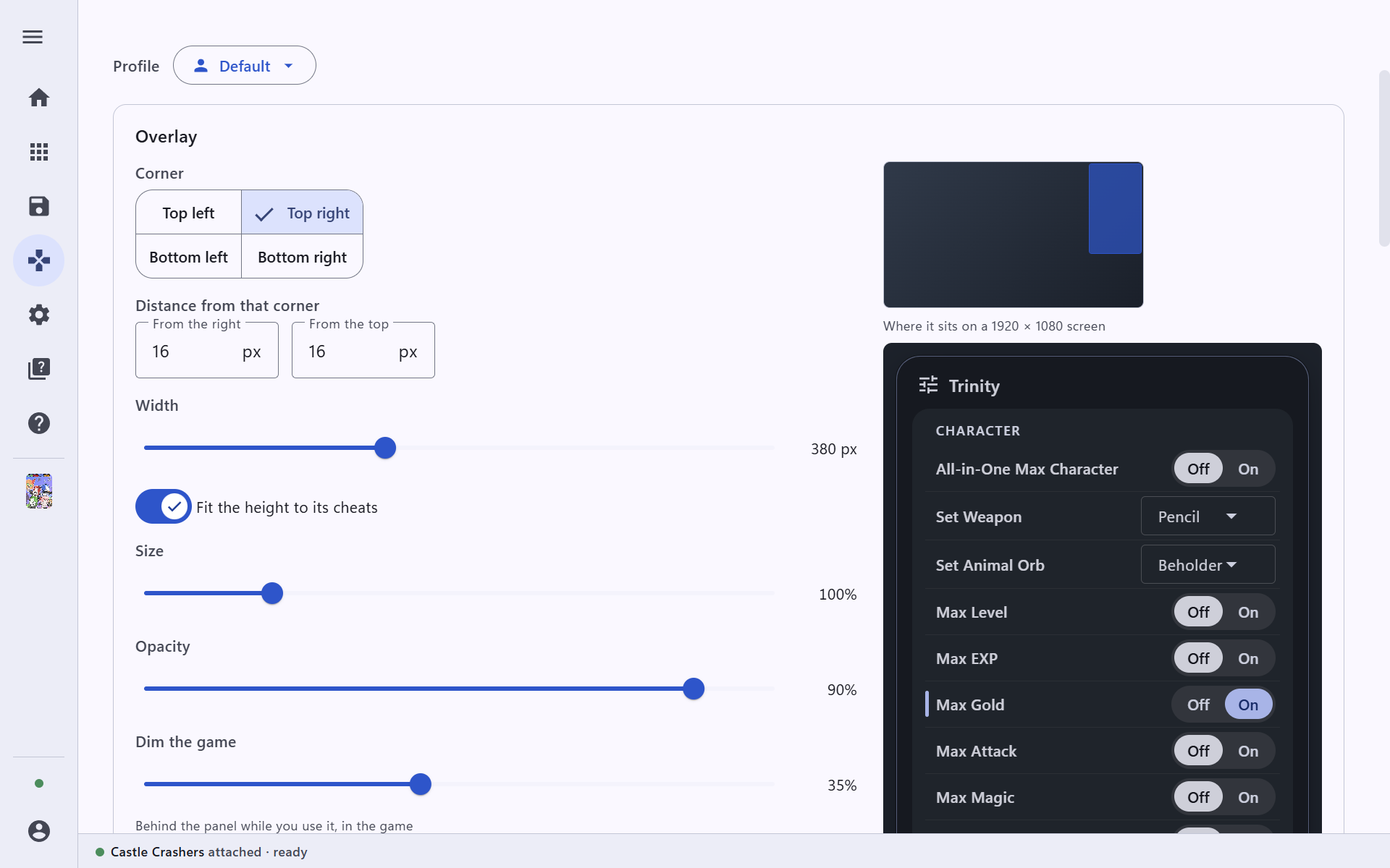 Overlay settings for one trainer with a live preview
