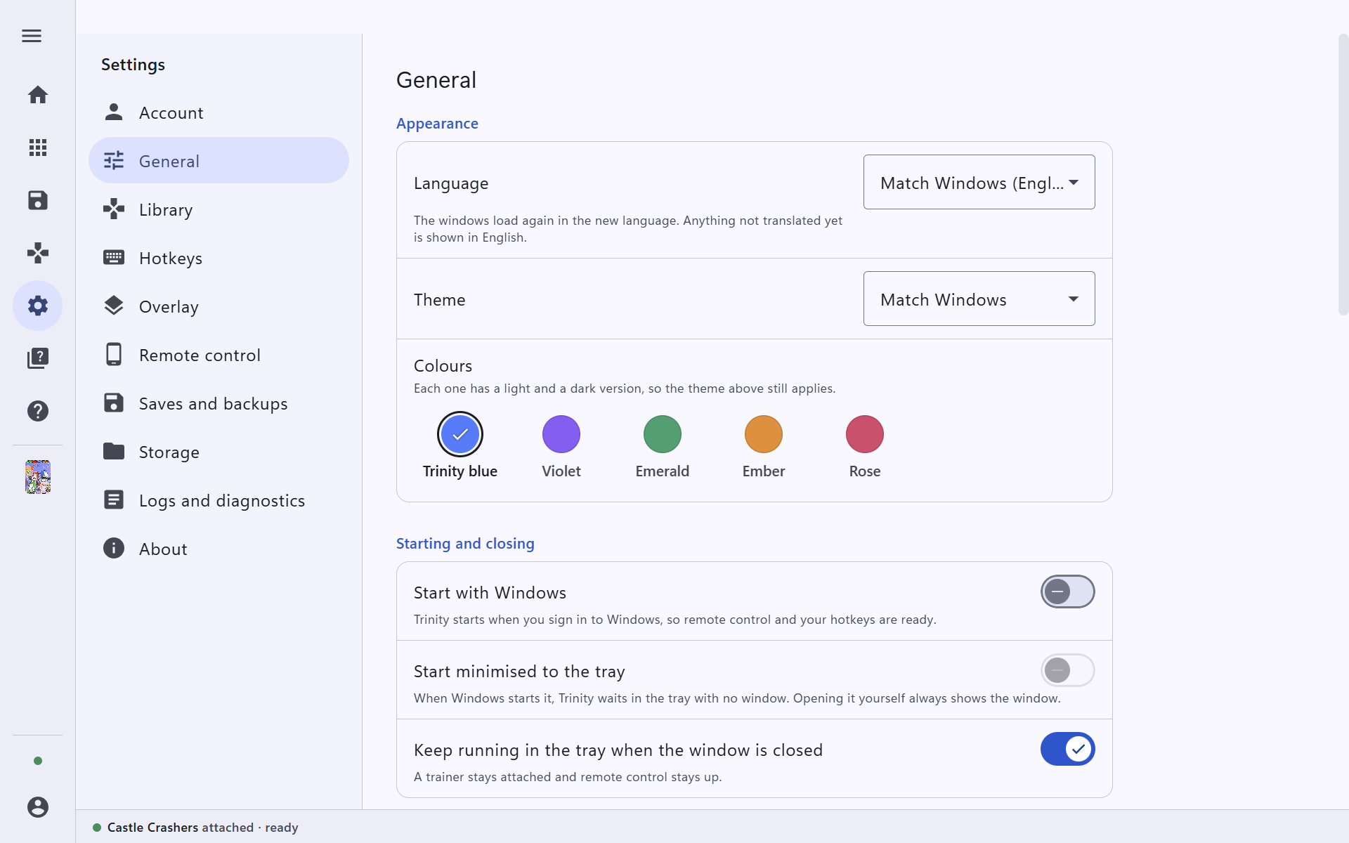 Settings, General, with language, theme, colours and startup options